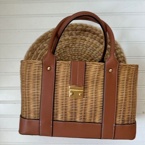 Tommy Bahama Wicker Straw Rattan Purse Natural Color Gingham Blue & White NWOT - Picture 2 of 6